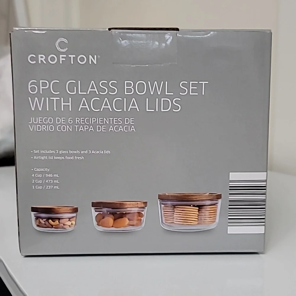 NEW Crofton Glass Bowl Set with Acacia Lids